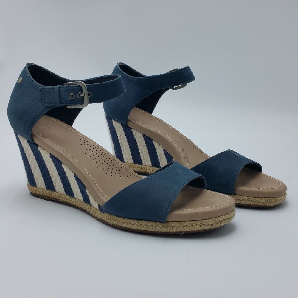Ugg Atasha Striped Nubuck Espadrille Wedge Sandals Nautical Blue White Size 8.5